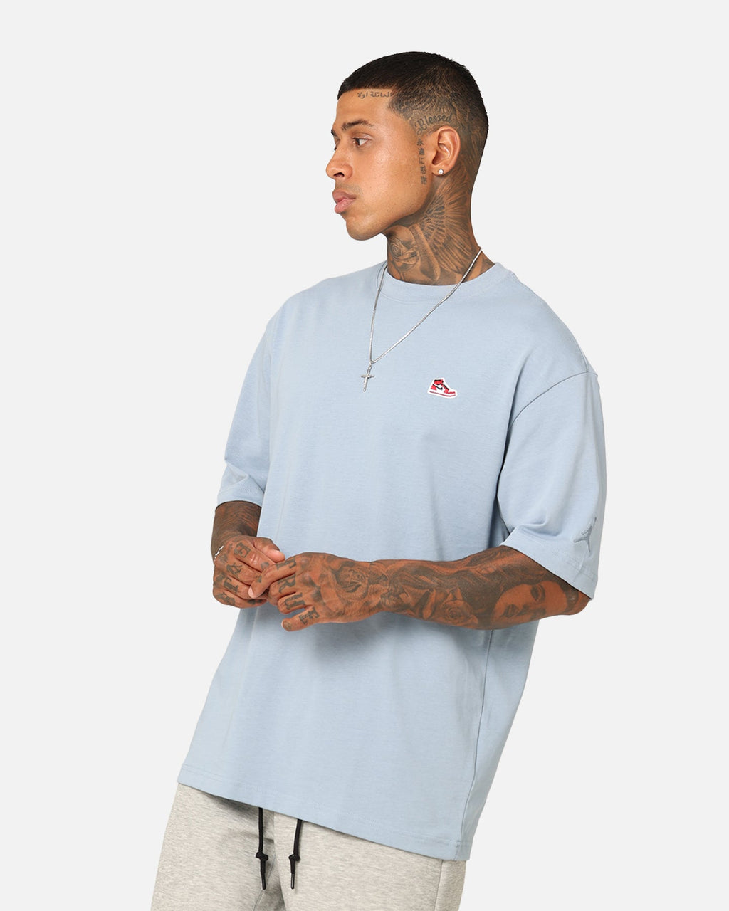 HOT Products Jordan Brand Sneaker Patch Crew T-Shirt Blue Grey