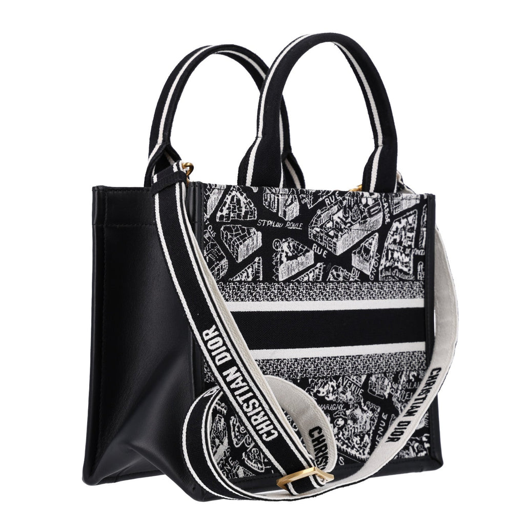 Canvas Calfskin Embroidered Small Plan De Paris Book Tote With Strap Black White