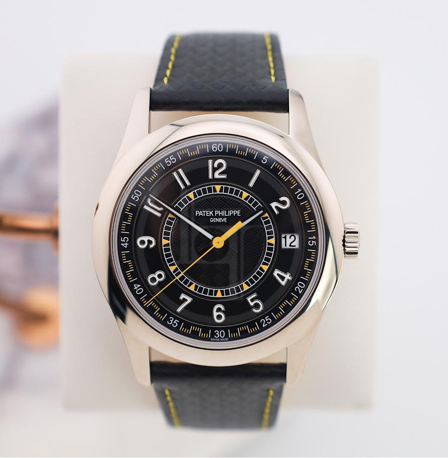 Patek Philippe Calatrava Date Sweep Seconds White Gold Black Carbon Motif Yellow Dial | 6007G-001