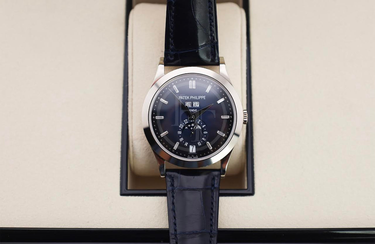 Patek Philippe Complications Annual Calendar Moon Phases White Gold Blue Baguette Diamond Dial | 5396G-017