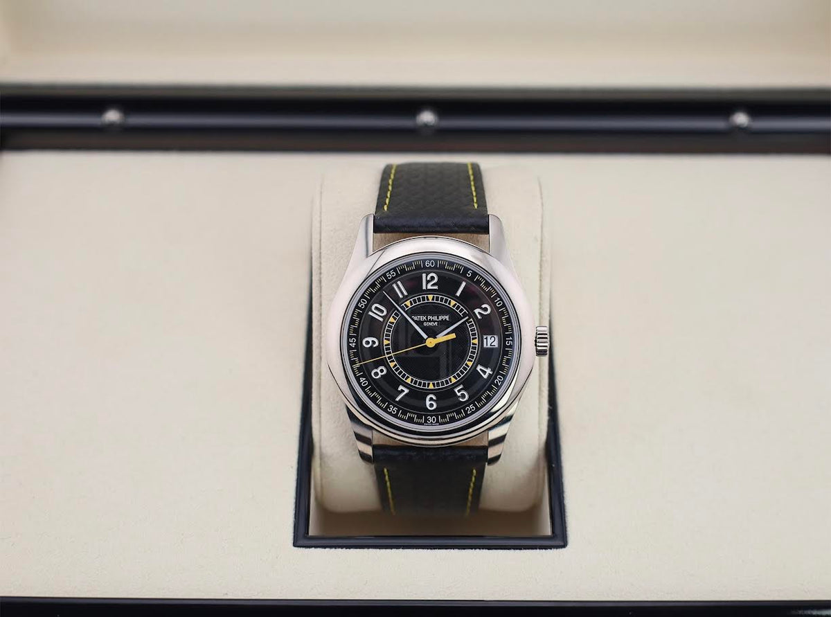 Patek Philippe Calatrava Date Sweep Seconds White Gold Black Carbon Motif Yellow Dial | 6007G-001
