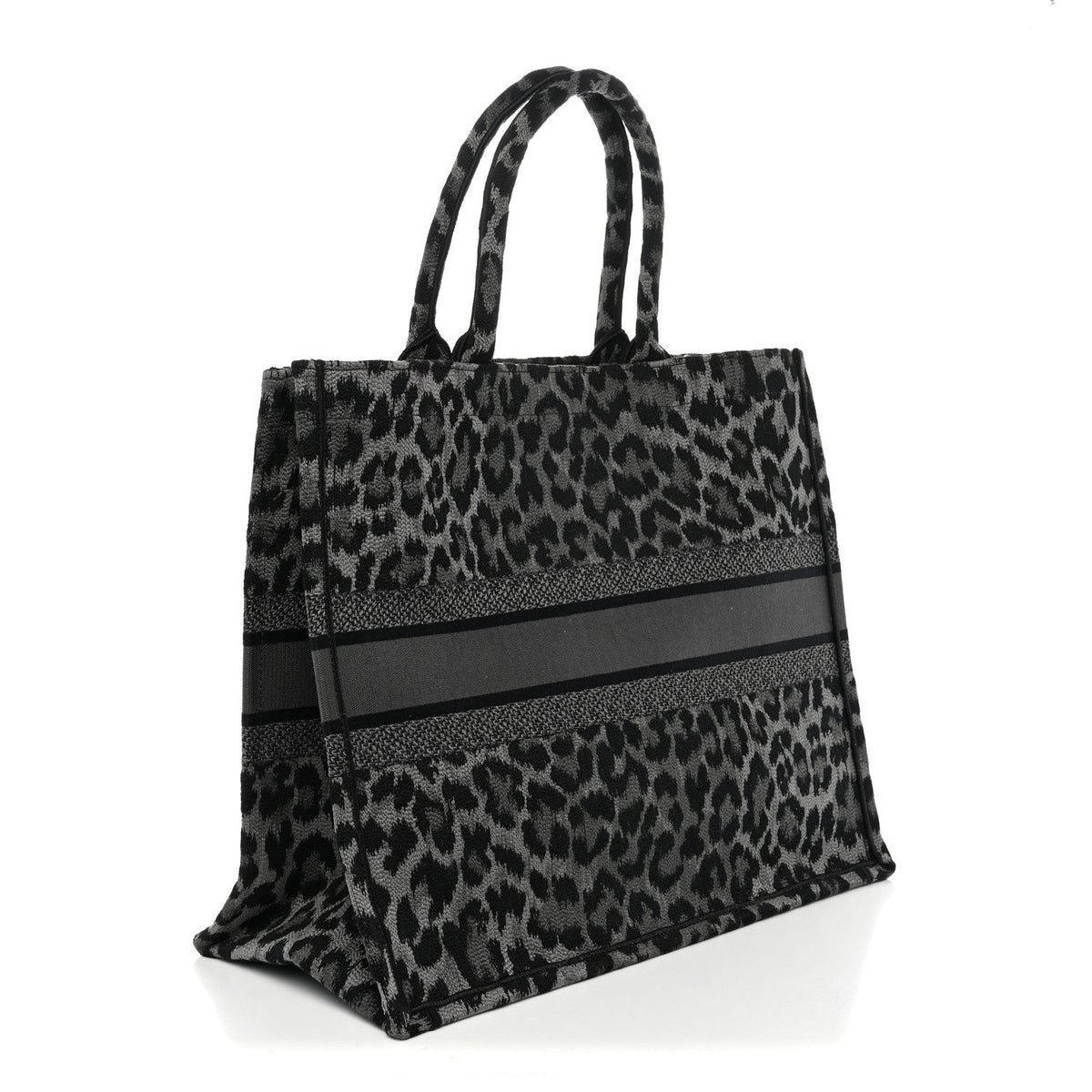 Canvas Mizza Embroidered Large Leopard Book Tote Grey