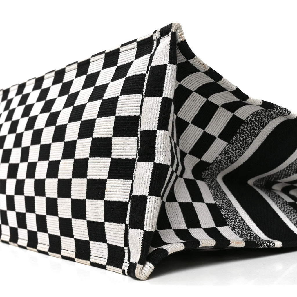 Canvas Embroidered Checkered Book Tote Black White