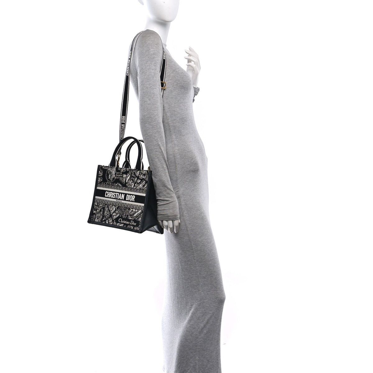 Canvas Calfskin Embroidered Small Plan De Paris Book Tote With Strap Black White