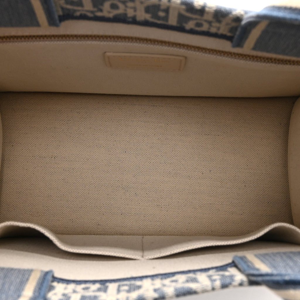 Oblique Chambray Calfskin Small Book Tote With Strap Blue Latte