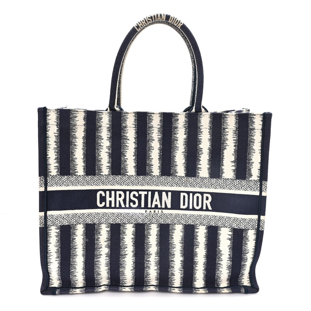 Canvas Embroidered Large Striped Book Tote Navy