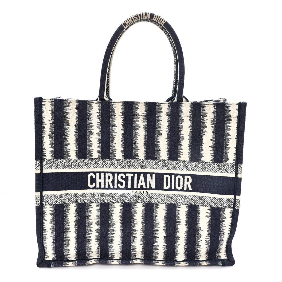 Canvas Embroidered Large Striped Book Tote Navy