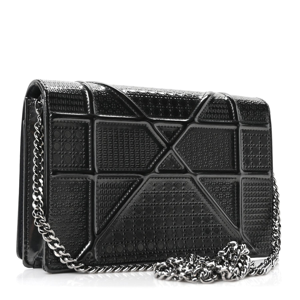 Metallic Patent Micro-Cannage Diorama Wallet on Chain Pouch Onyx Black