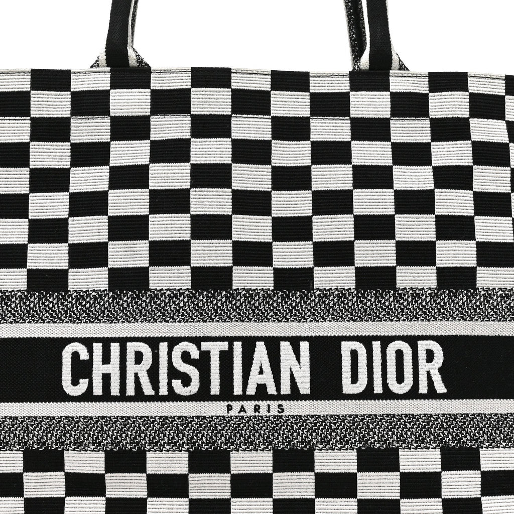 Canvas Embroidered Checkered Book Tote Black White