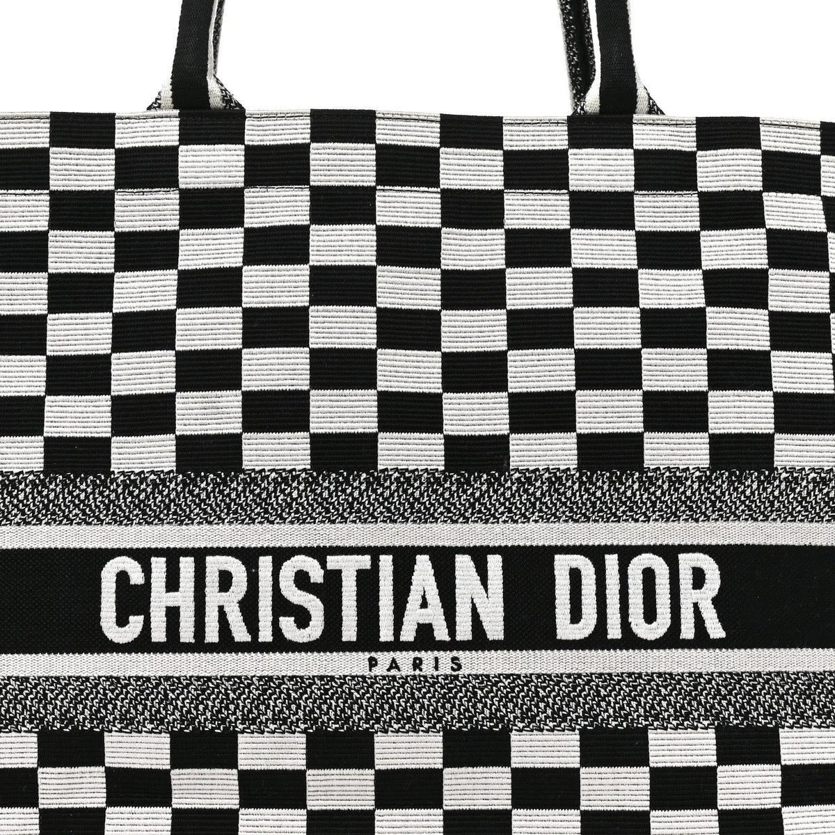 Canvas Embroidered Checkered Book Tote Black White