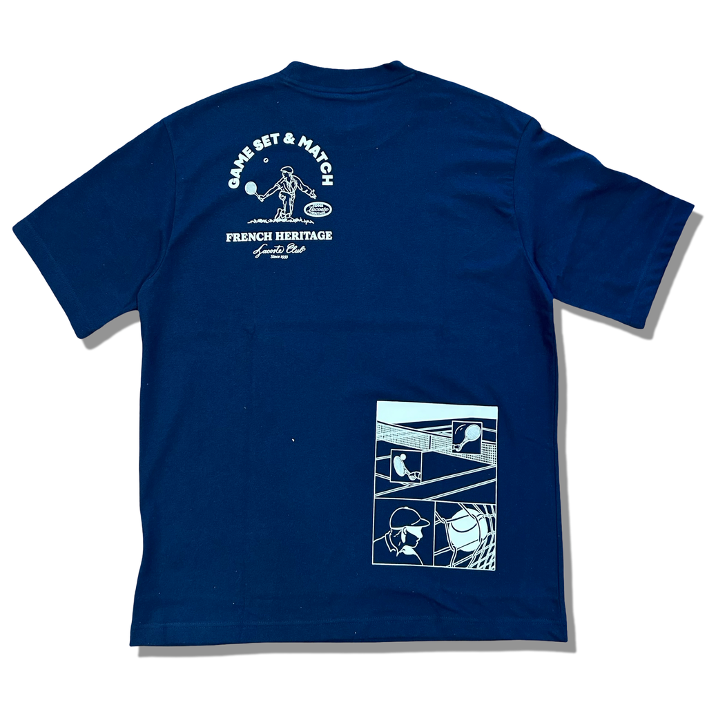 New Arrival LACOSTE FRENCH HERITAGE TENNIS PRINTED CREW NECK T-SHIRT Men -NAVY BLUE