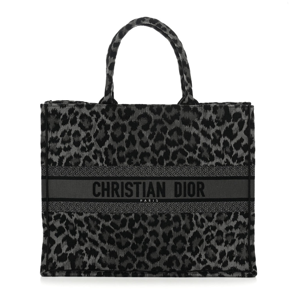 Canvas Mizza Embroidered Large Leopard Book Tote Grey