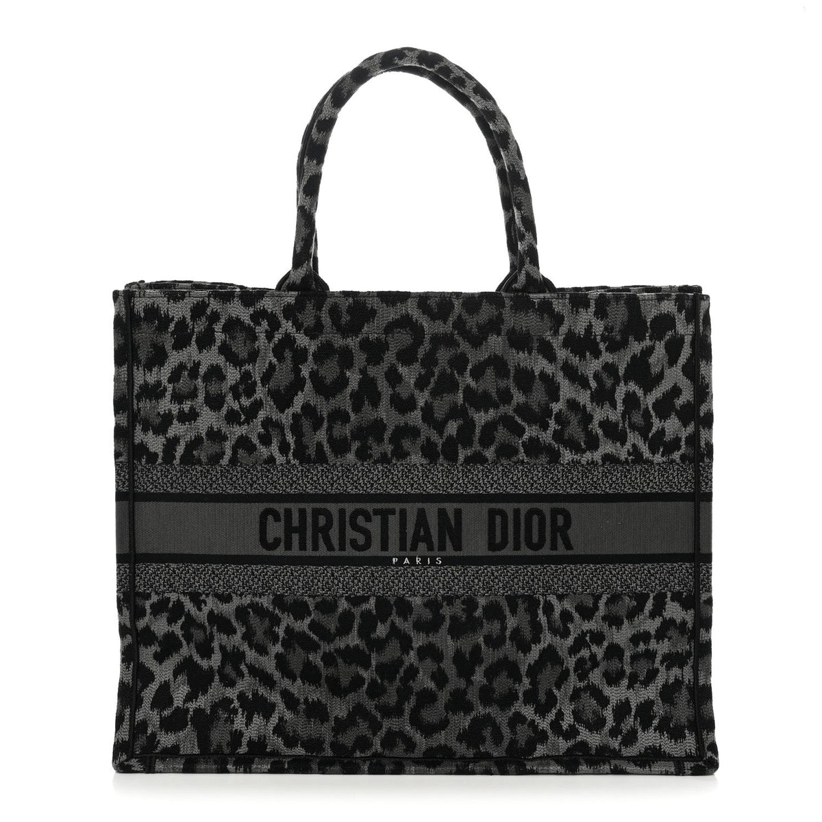 Canvas Mizza Embroidered Large Leopard Book Tote Grey