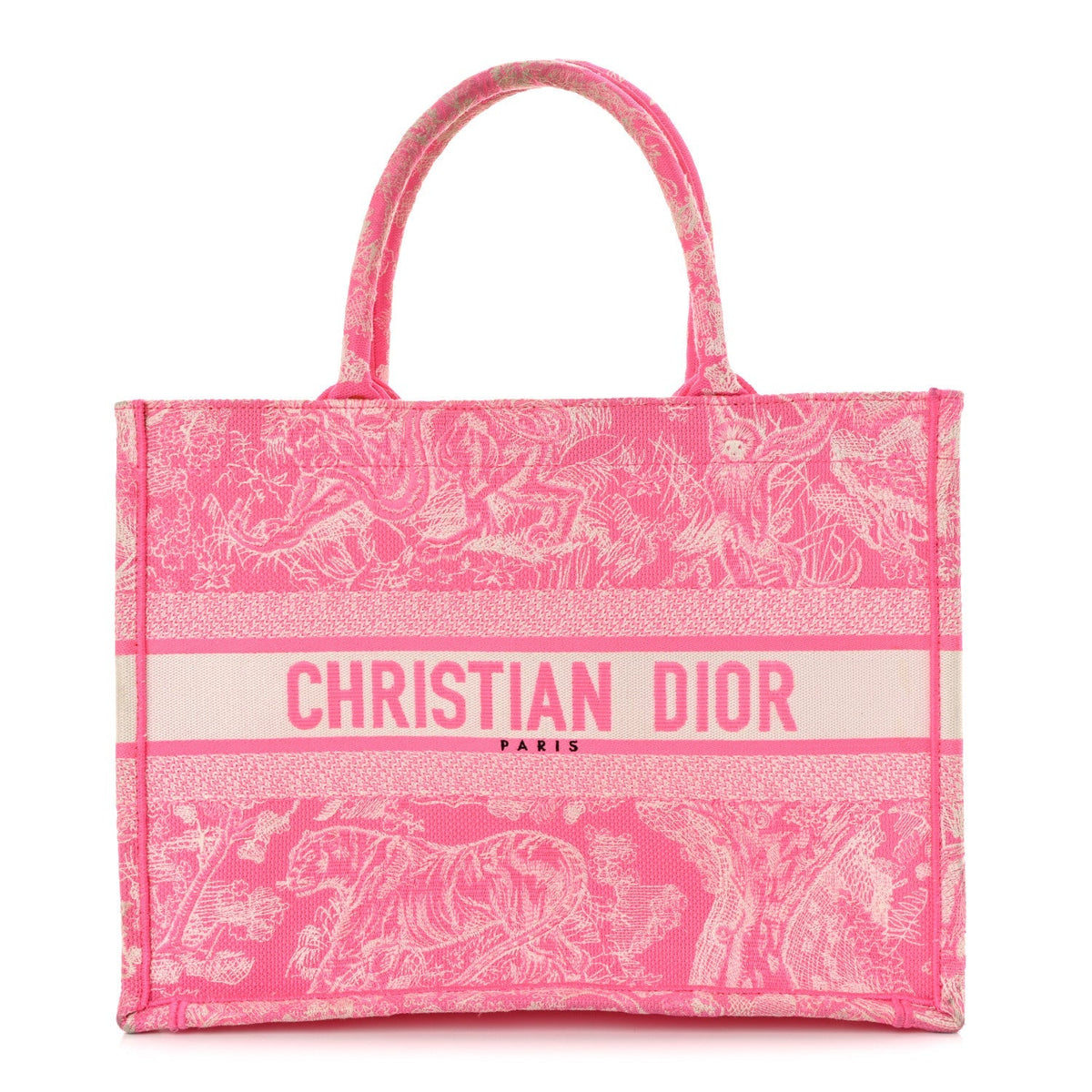 Canvas Embroidered Medium Dioriviera Toile De Jouy Book Tote Fluorescent Pink