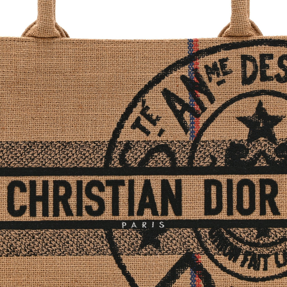 Canvas Jute Embroidered Medium Book Tote Black Beige