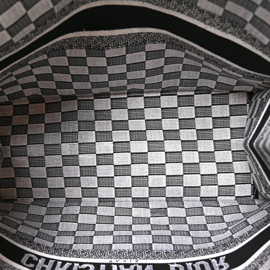 Canvas Embroidered Checkered Book Tote Black White