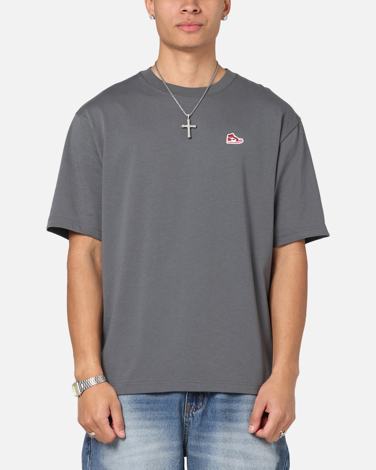 HOT Products Jordan Brand Sneaker Patch Crewneck T-Shirt Black/Grey