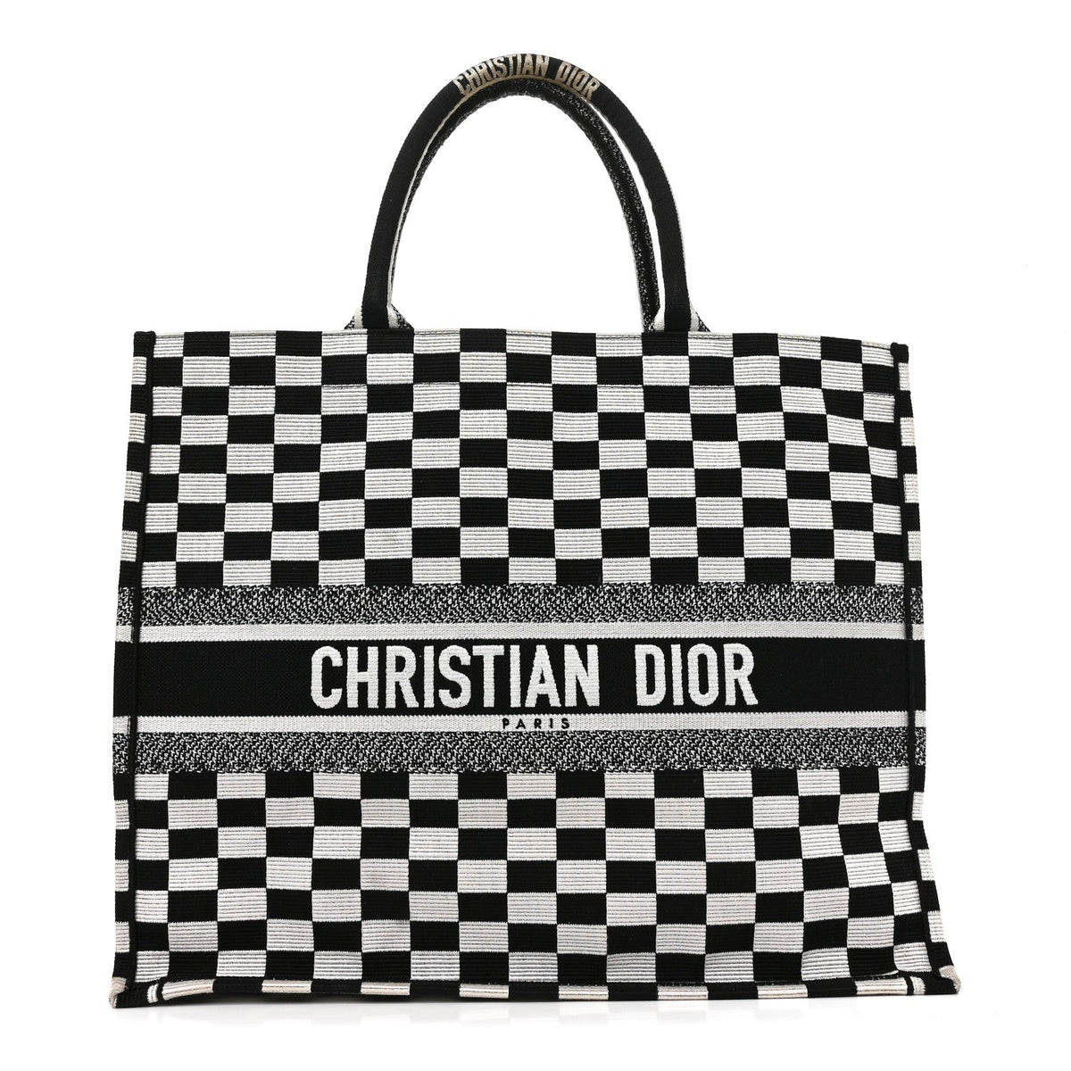 Canvas Embroidered Checkered Book Tote Black White