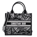 Canvas Calfskin Embroidered Small Plan De Paris Book Tote With Strap Black White