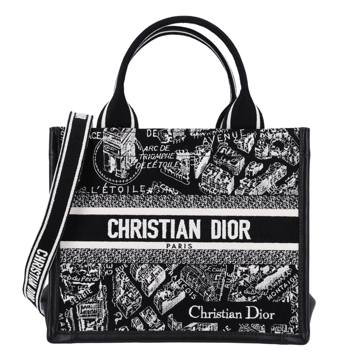 Canvas Calfskin Embroidered Small Plan De Paris Book Tote With Strap Black White