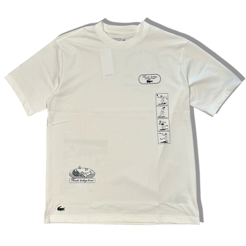 New Arrival LACOSTE FRENCH HERITAGE TENNIS PRINTED CREW NECK T-SHIRT Men -WHITE