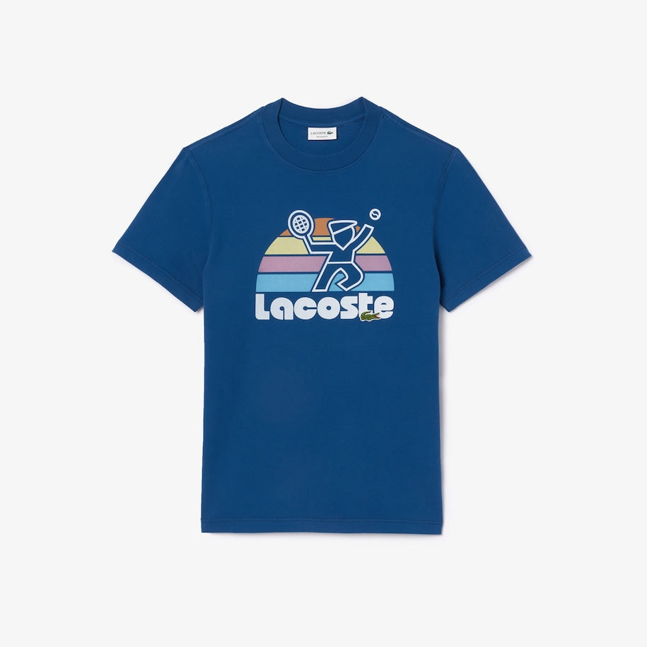 New Arrival LACOSTE WASHED EFFECT TENNIS PRINT T-SHIRT Men -BLUE-HBM