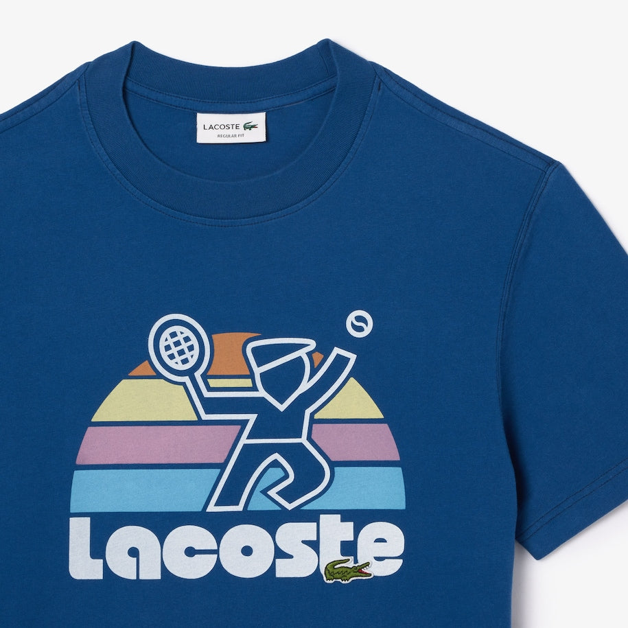 New Arrival LACOSTE WASHED EFFECT TENNIS PRINT T-SHIRT Men -BLUE-HBM