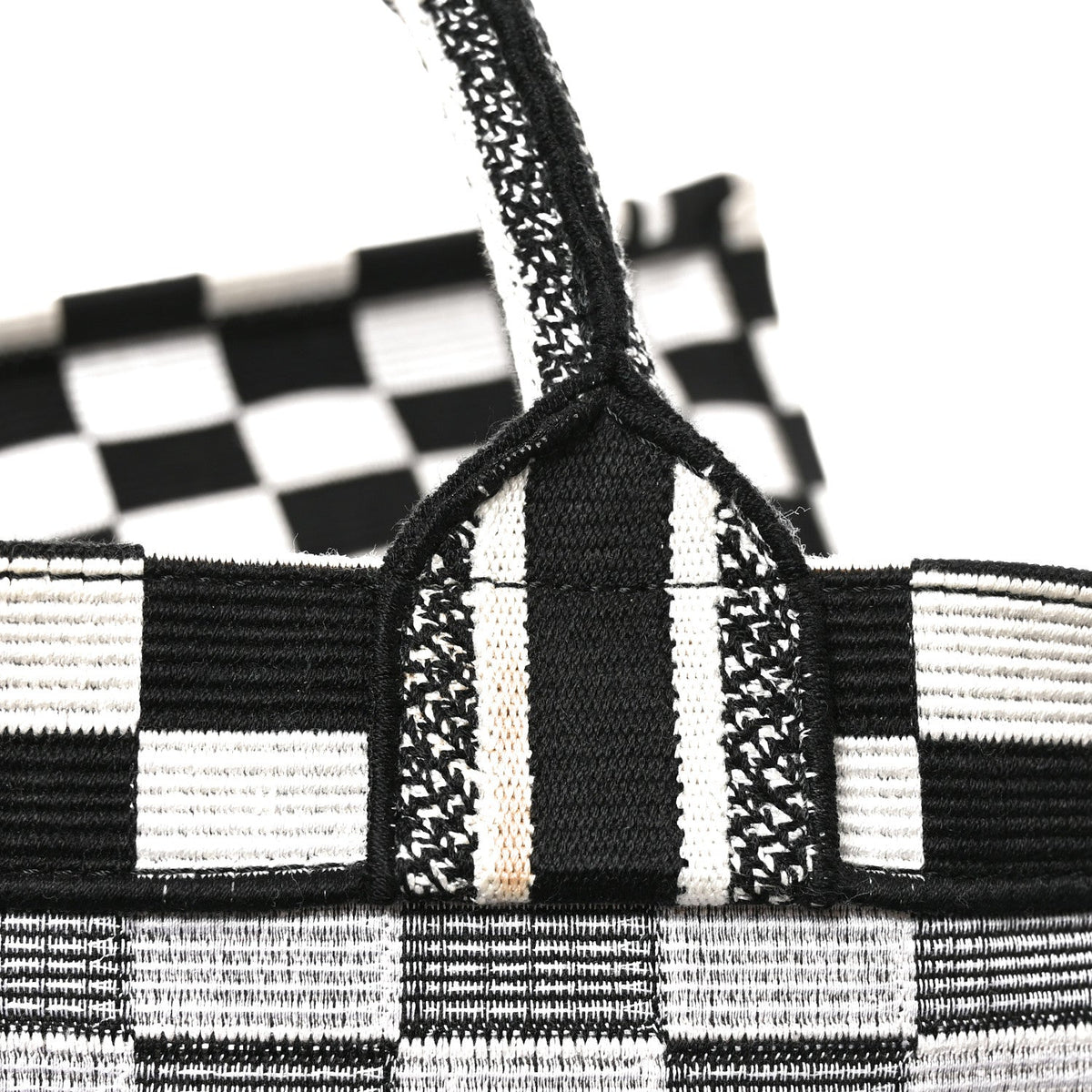 Canvas Embroidered Checkered Book Tote Black White