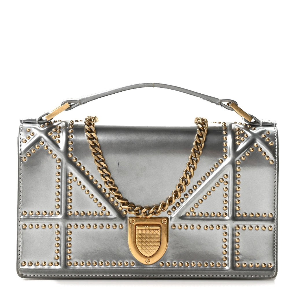 Metallic Patent Studded Diorama Top Handle Wallet on Chain Pouch Silver