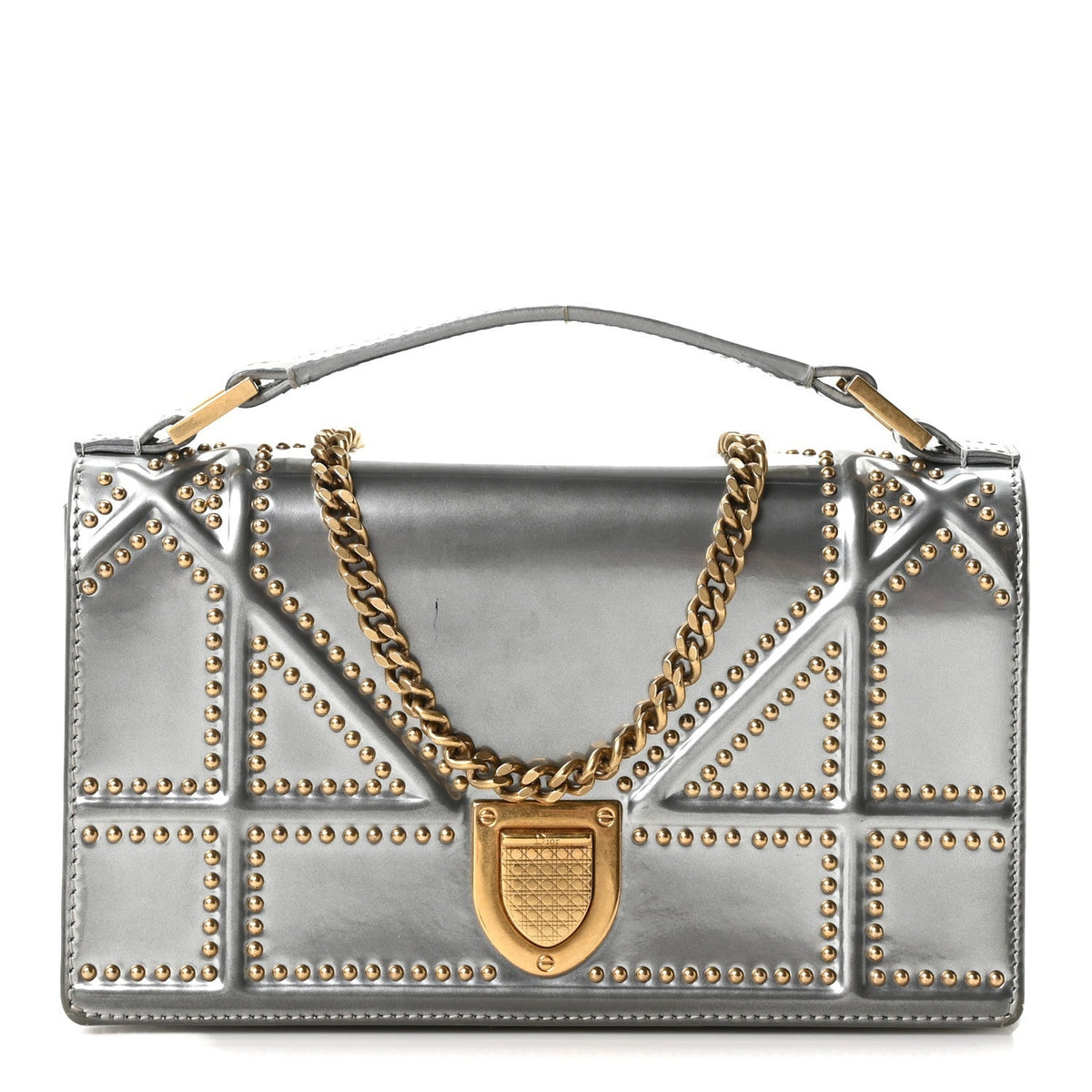 Metallic Patent Studded Diorama Top Handle Wallet on Chain Pouch Silver