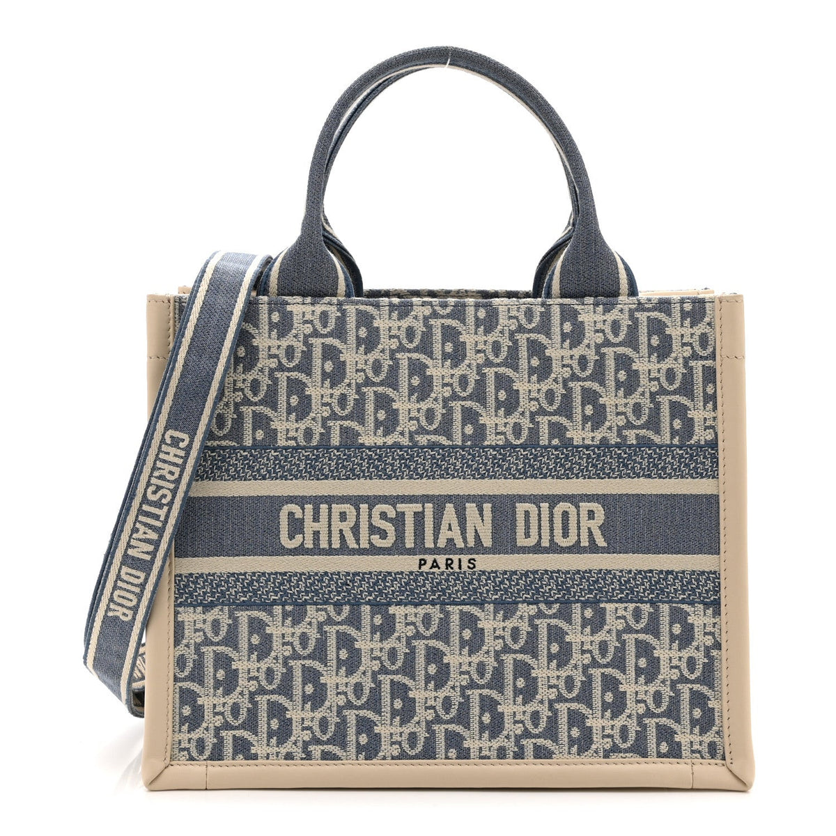 Oblique Chambray Calfskin Small Book Tote With Strap Blue Latte