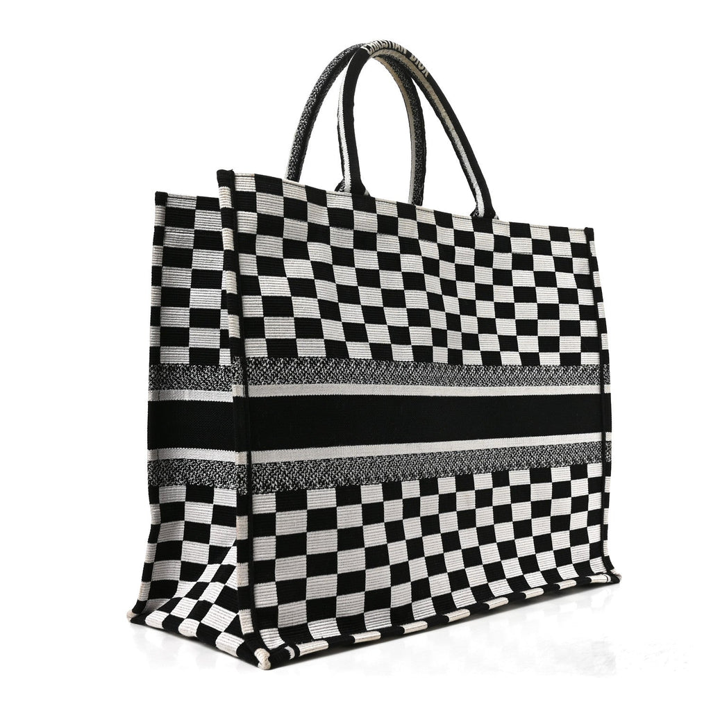 Canvas Embroidered Checkered Book Tote Black White