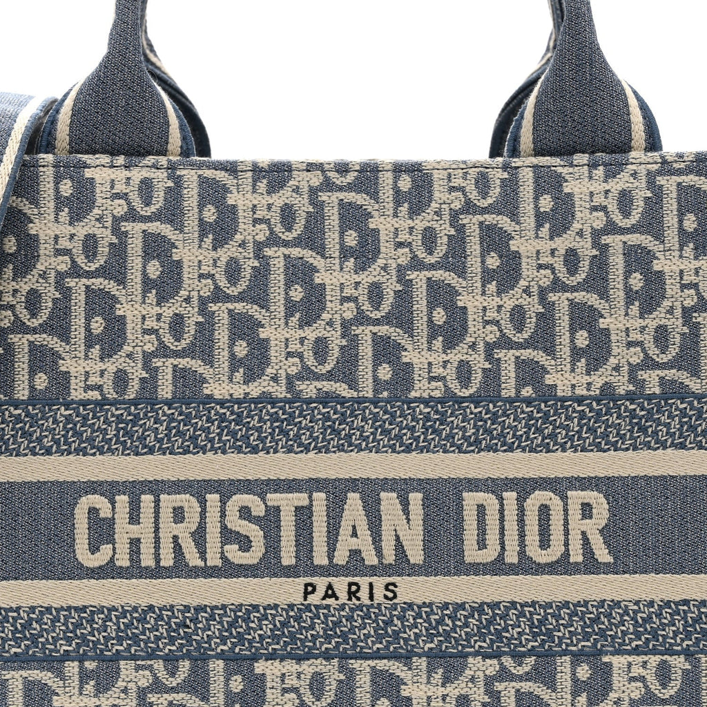 Oblique Chambray Calfskin Small Book Tote With Strap Blue Latte