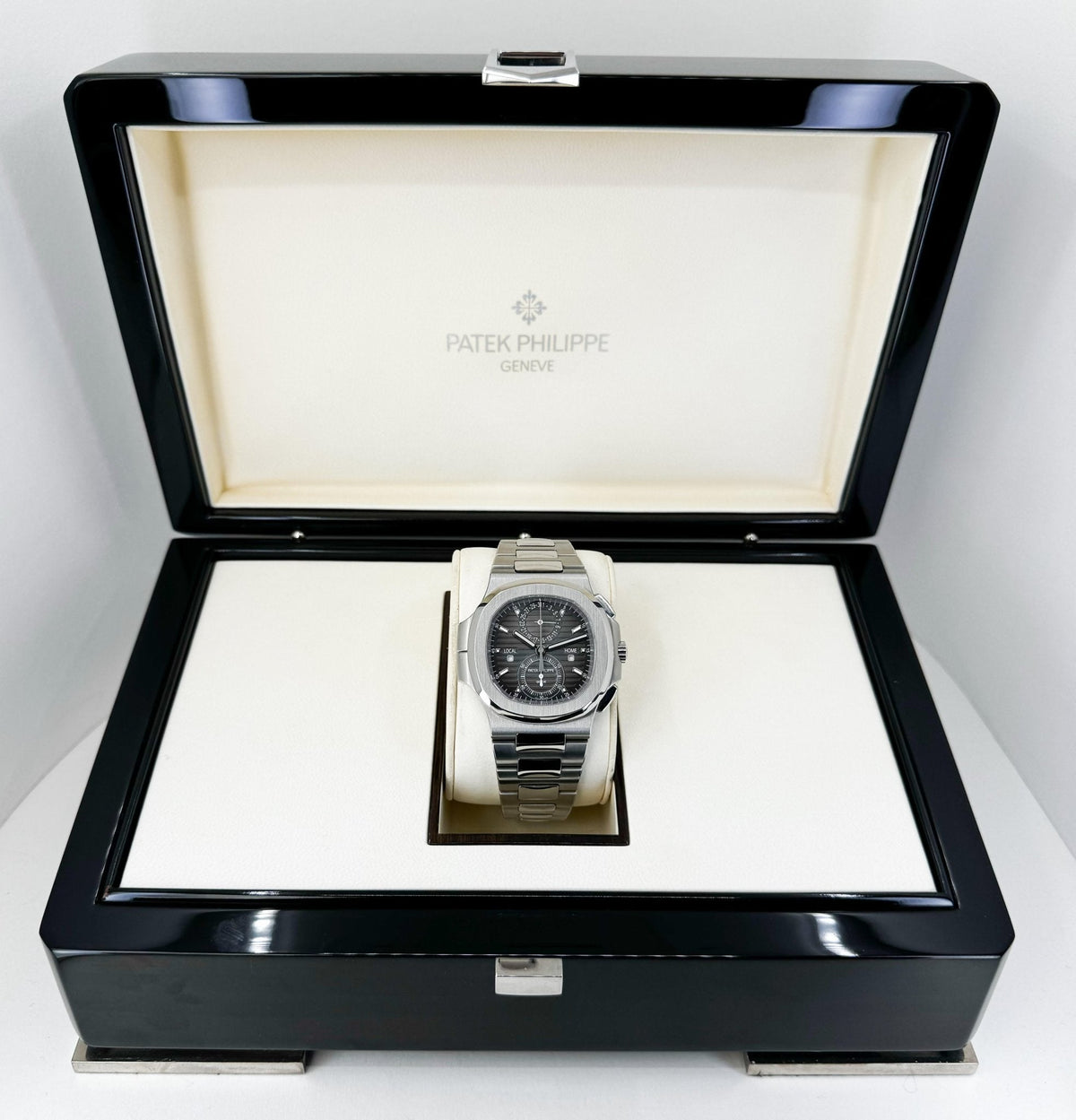 Patek Philippe 40.5mm Nautilus Travel Time Chronograph Watch Black Dial 5990/1A