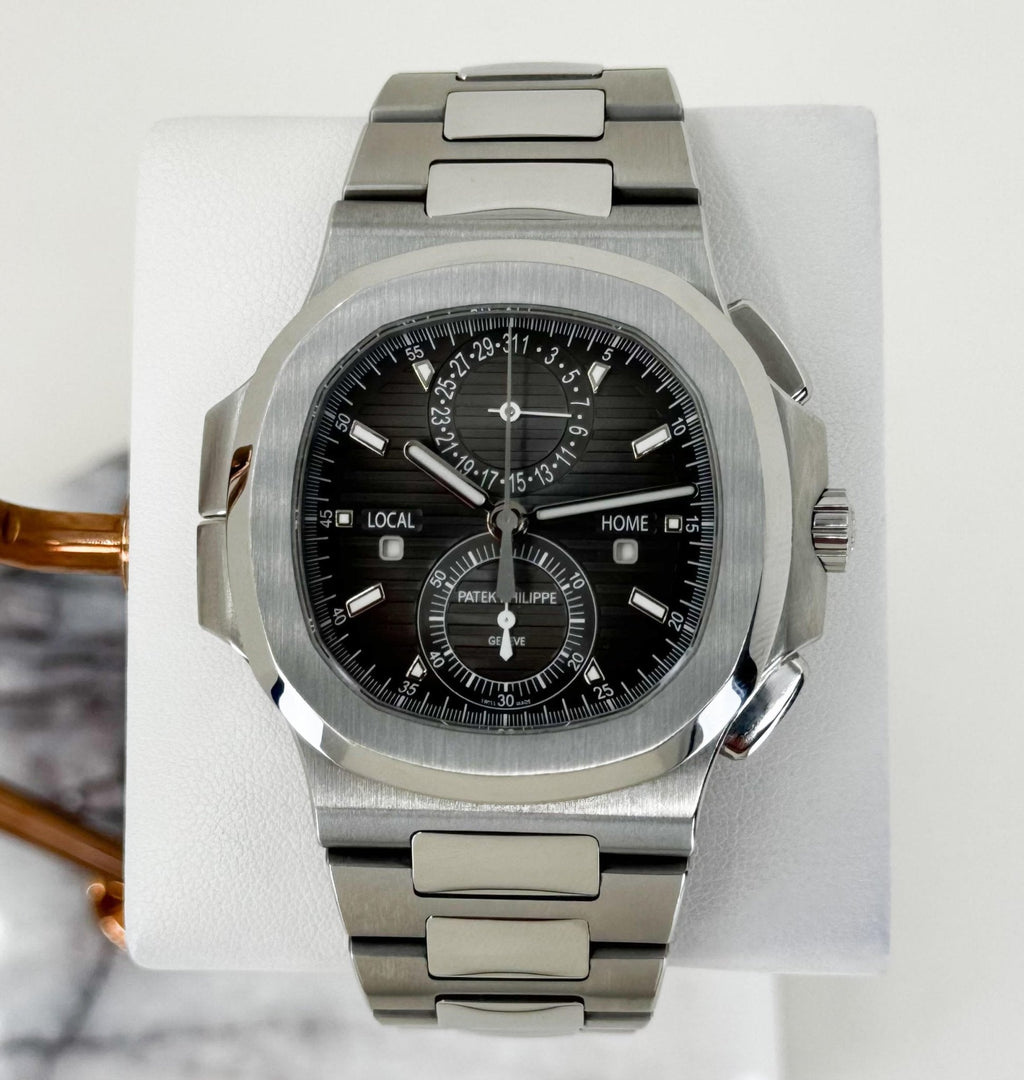 Patek Philippe 40.5mm Nautilus Travel Time Chronograph Watch Black Dial 5990/1A