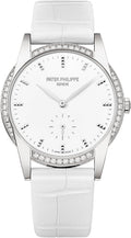 Patek Philippe Ladies Calatrava 33mm White Hobnail Index Diamond Bezel White Gold Leather - 7122-200G-001
