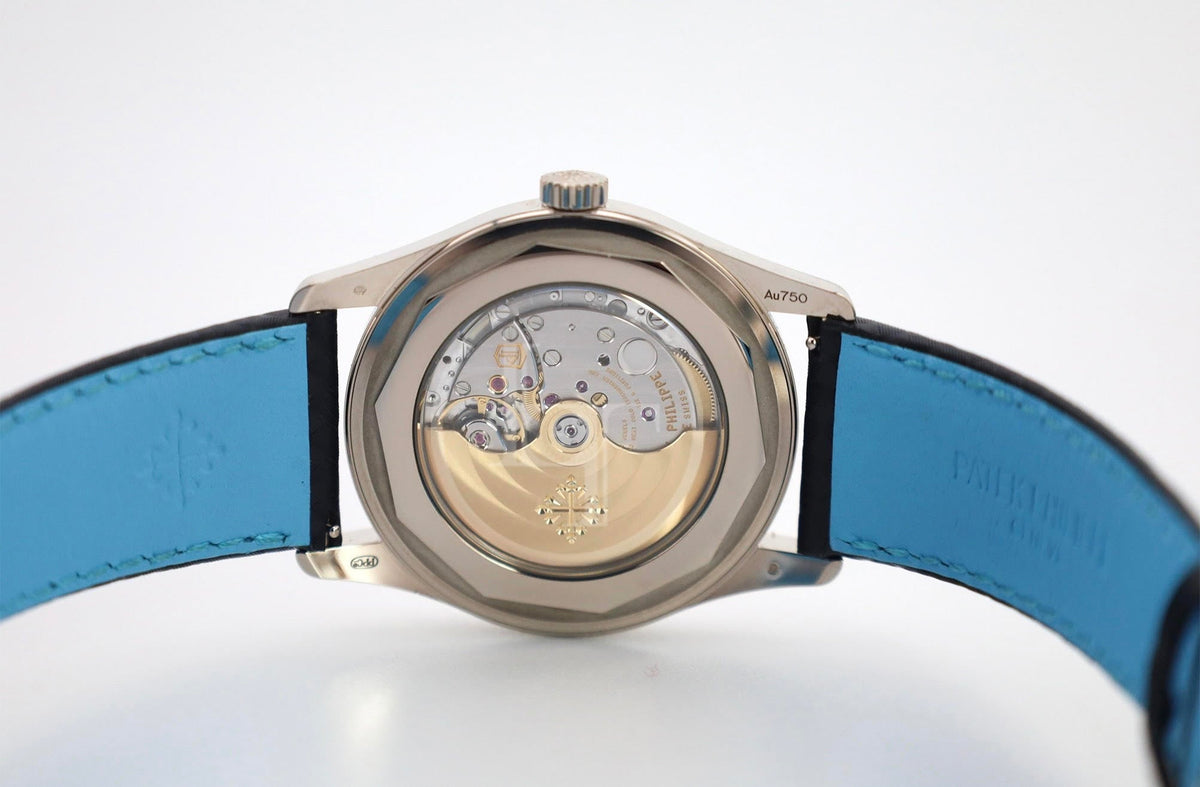 Patek Philippe Calatrava Date Sweep Seconds White Gold Black Carbon Motif Dial Sky Blue | 6007G-011
